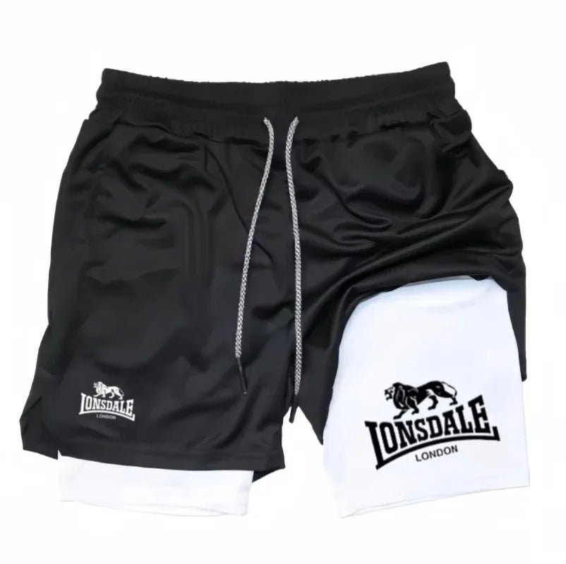 Print 2in1 Running Shorts for Men Gym Workout Compression Shorts with Phone Pocket Towel Loop Summer Sport Athletic Activewear